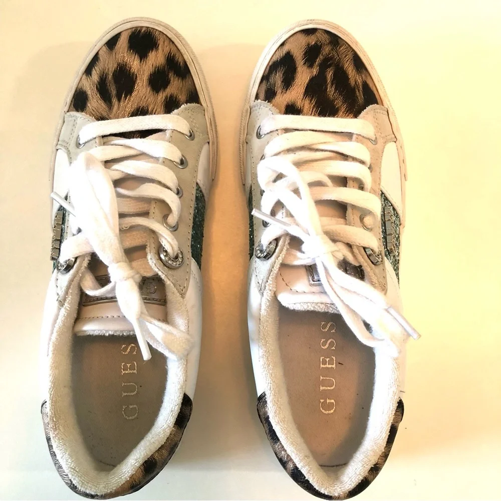 Guess Loven Low Profile Sneaker White Ocean Leopard Women’s 6.5 Animal Print